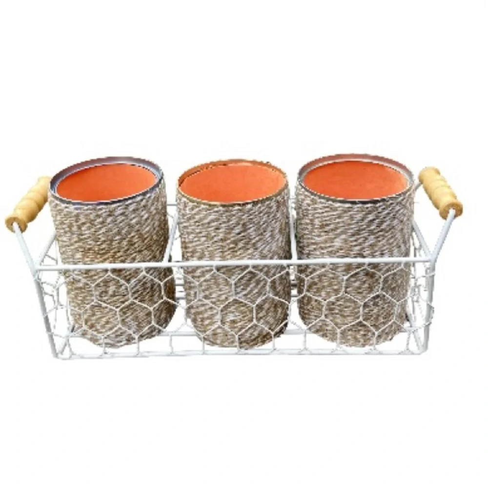 Farmhouse Shabby Chic Chicken Wire Basket Caddy Server 3 Twine Wrapped Cans